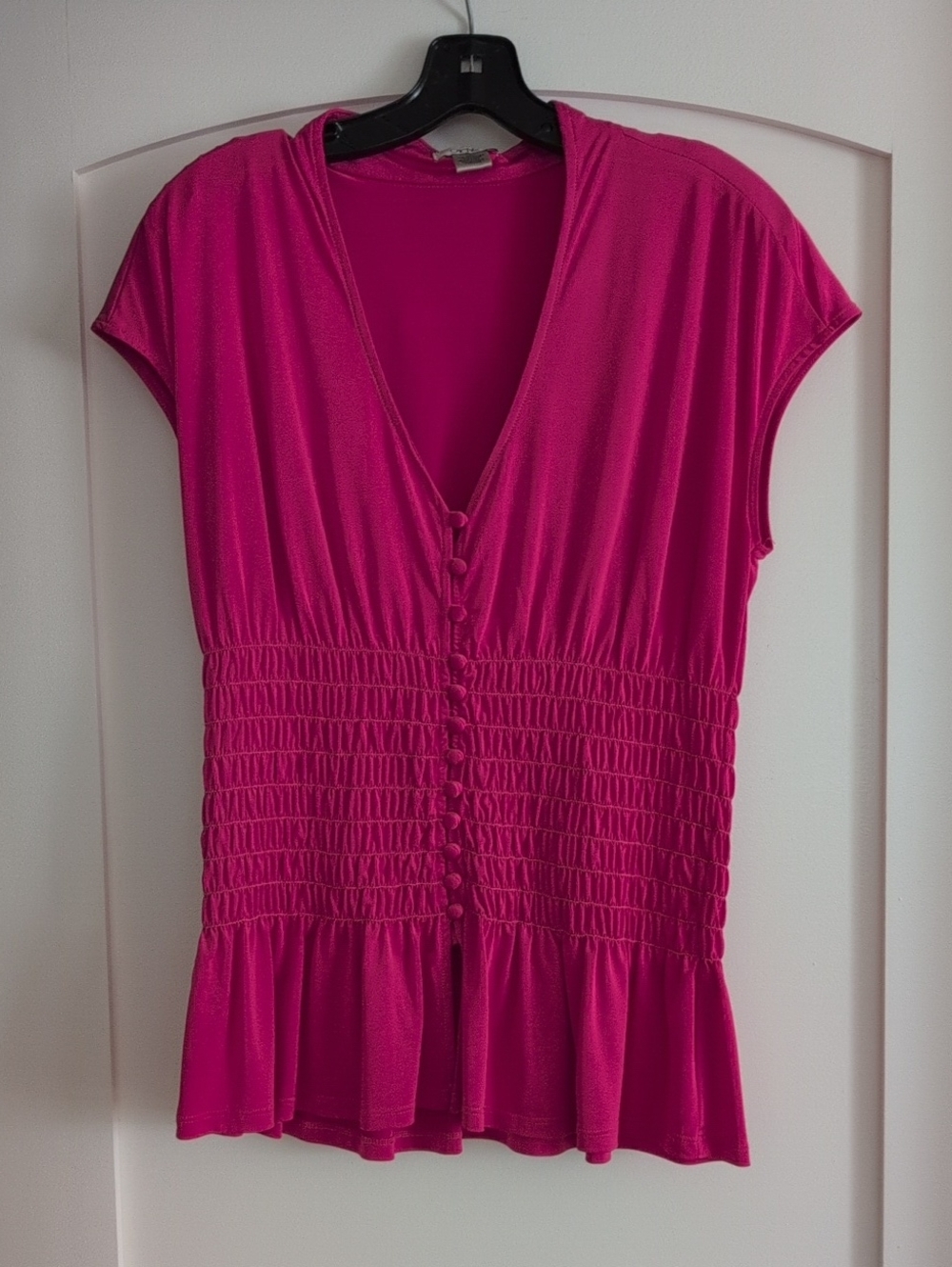 Hot Pink Short-Sleeve V-Neck Smocked Waist Button-Front Blouse